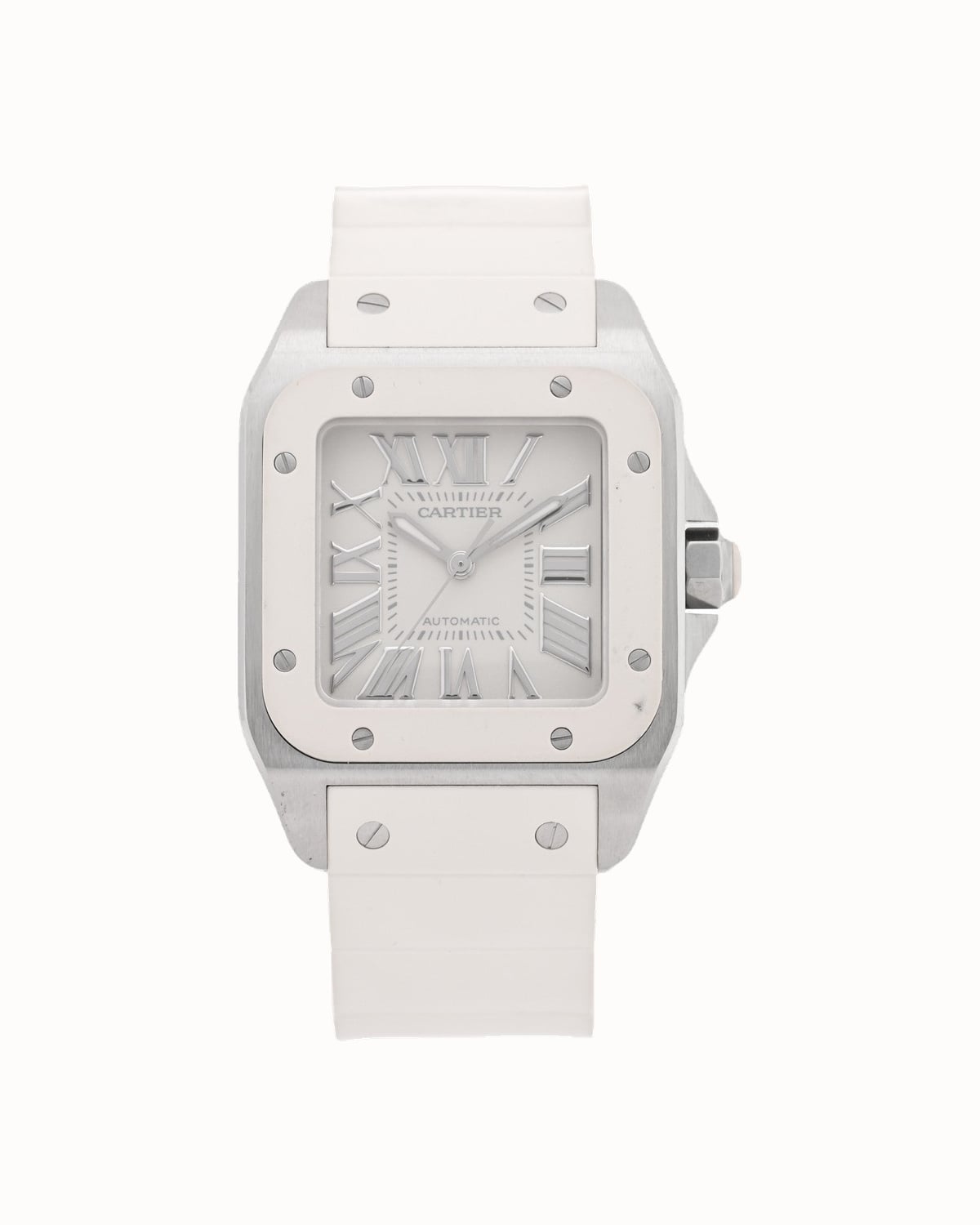 Pre-owned Cartier Santos 100 automatic watch in steel with white strap - Luxe Digital