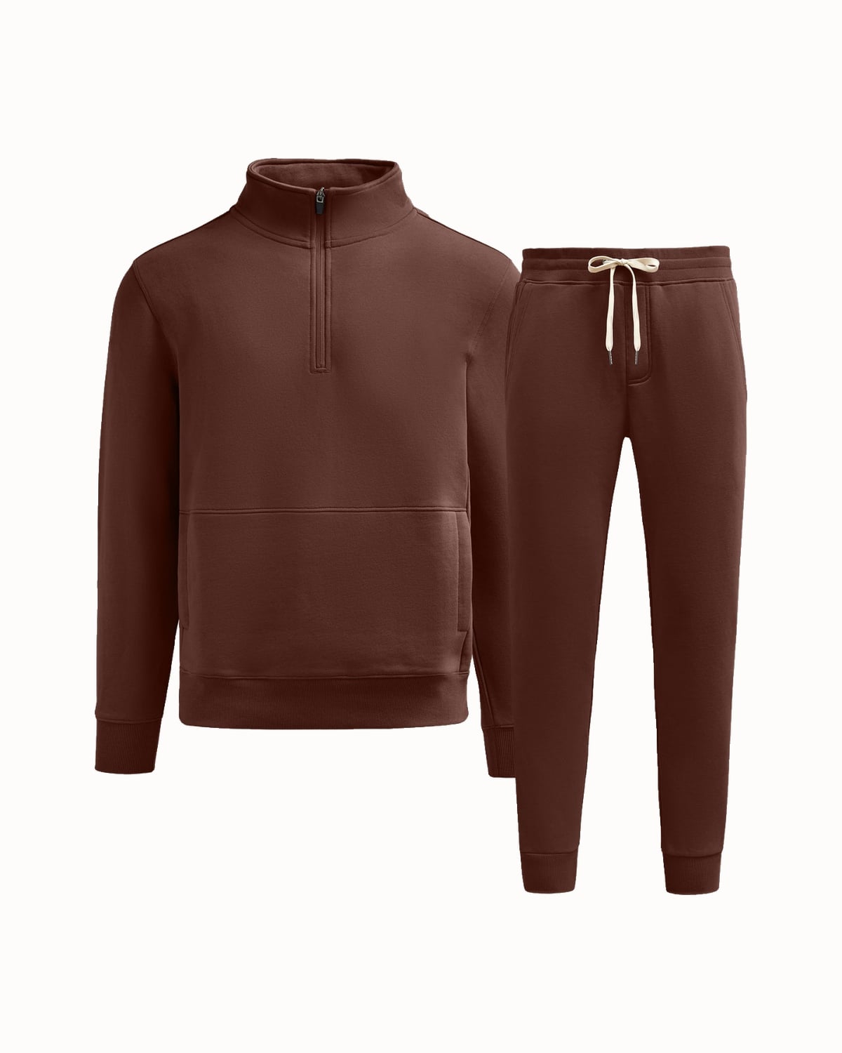 True Classic quarter-zip fleece sweatshirt and jogger set in brown - Luxe Digital