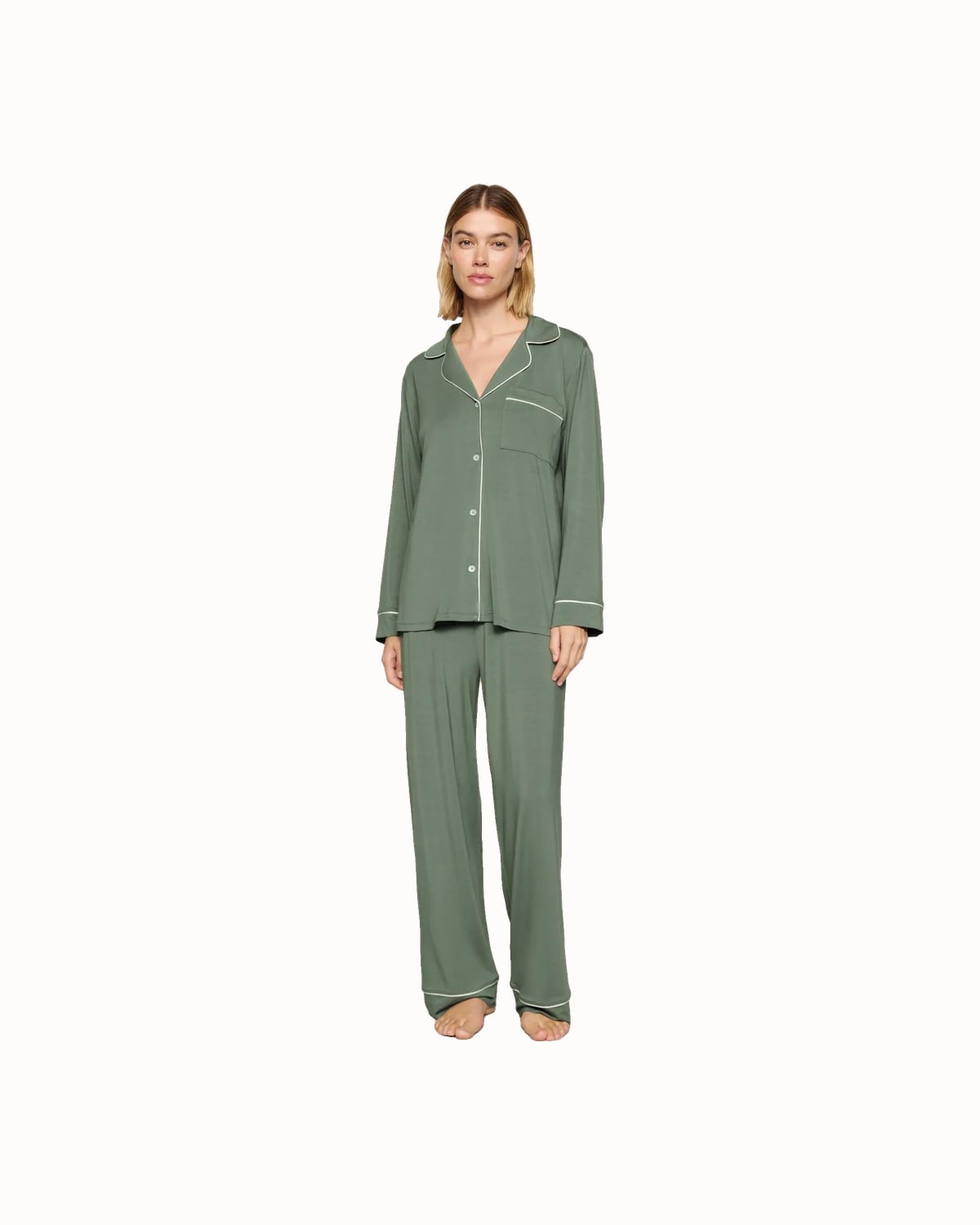 Woman wearing the Eberjey Gisele long pajama set in sage - Luxe Digital