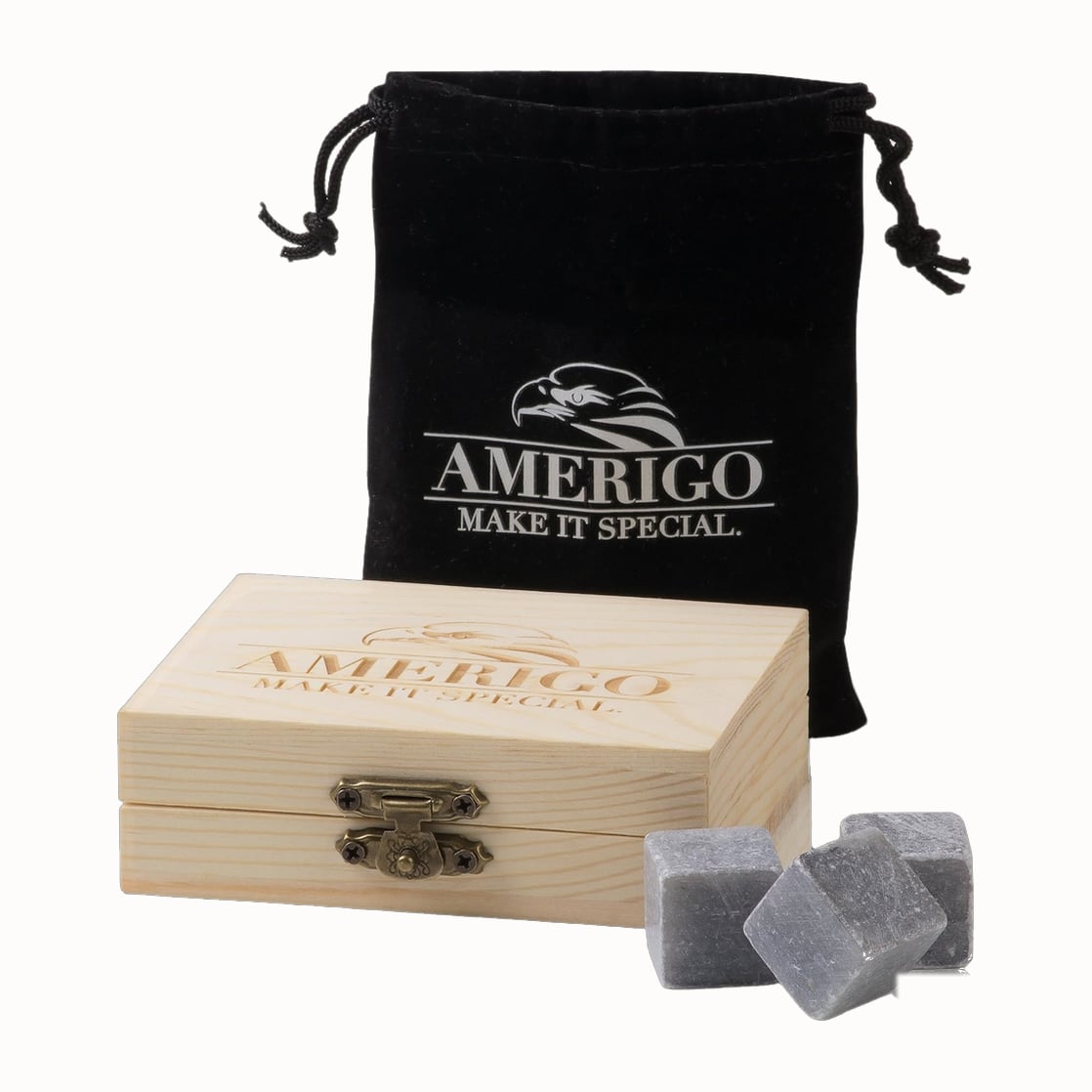 Amerigo whiskey stones in a wooden box
