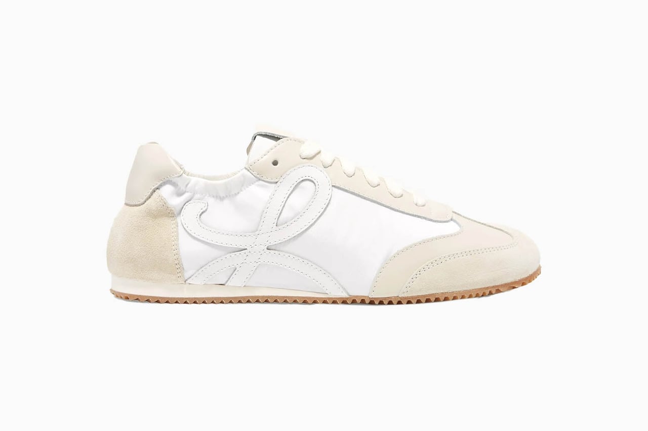 best white sneakers women loewe suede and leather sneakers - Luxe Digital