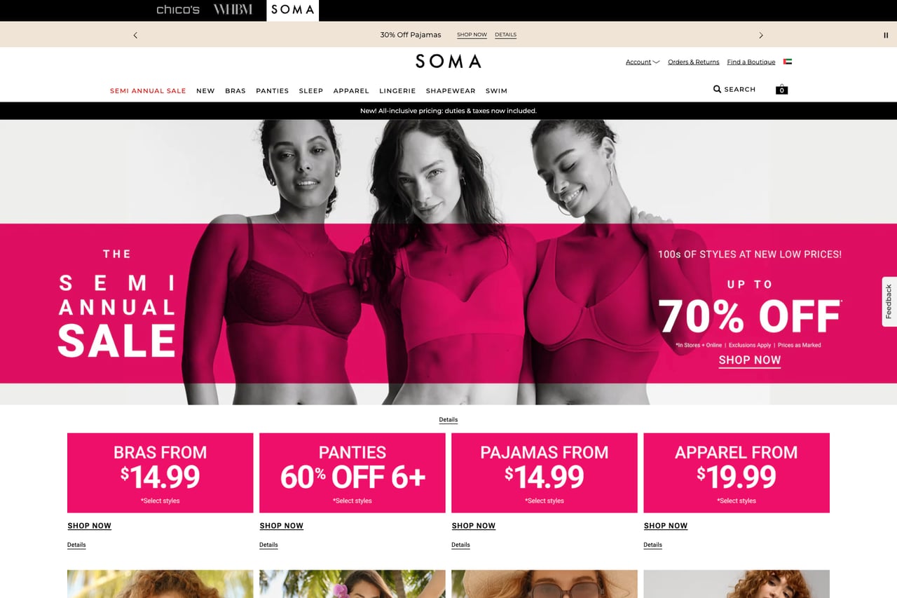 Soma Intimates homepage