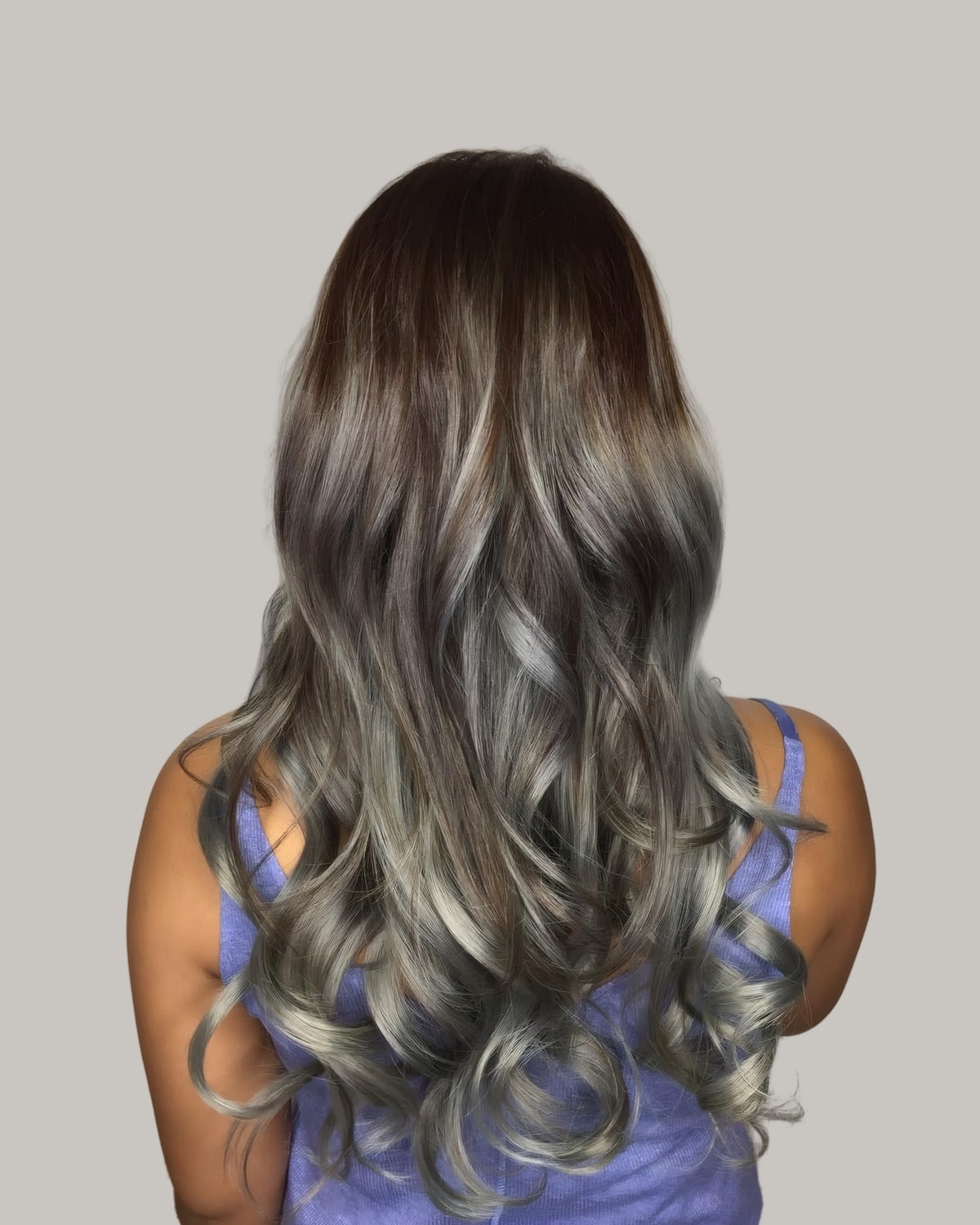 Back view of a dark root fading to silver gray lengths
