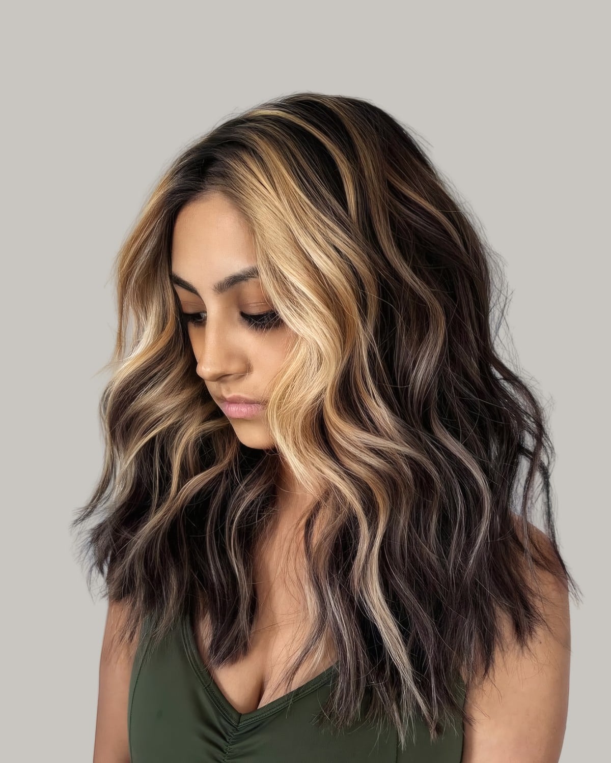 Woman looking down with long black waves and chunky blonde face-framing pieces