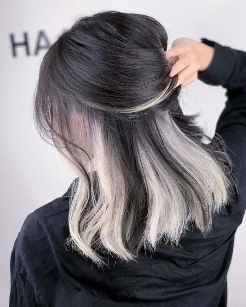 black hair highlights gray peekaboo highlights on black hair - Luxe Digital