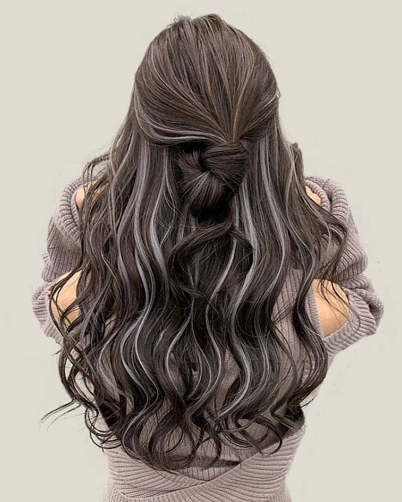 black hair highlights gray peekaboo highlights on black hair - Luxe Digital