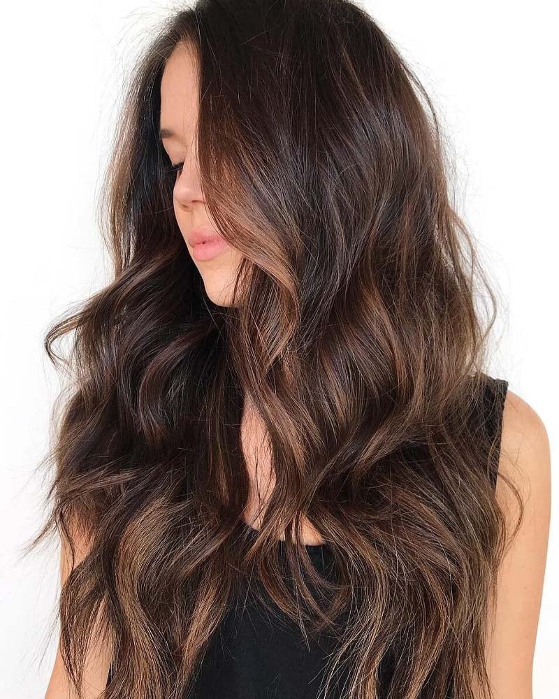 black hair highlights luxe light brown1 highlihts on dark hair - Luxe Digital