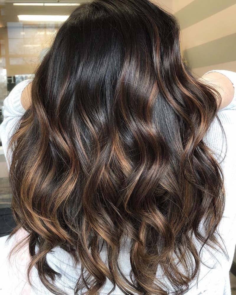 black hair highlights luxe light brown1 highlihts on dark hair - Luxe Digital