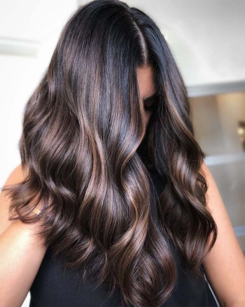 black hair highlights luxe light brown1 highlihts on dark hair - Luxe Digital