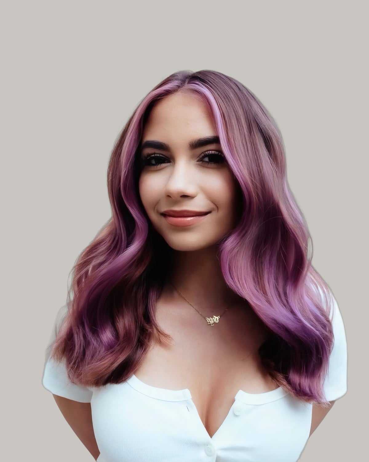 Smiling woman with pink and purple waves