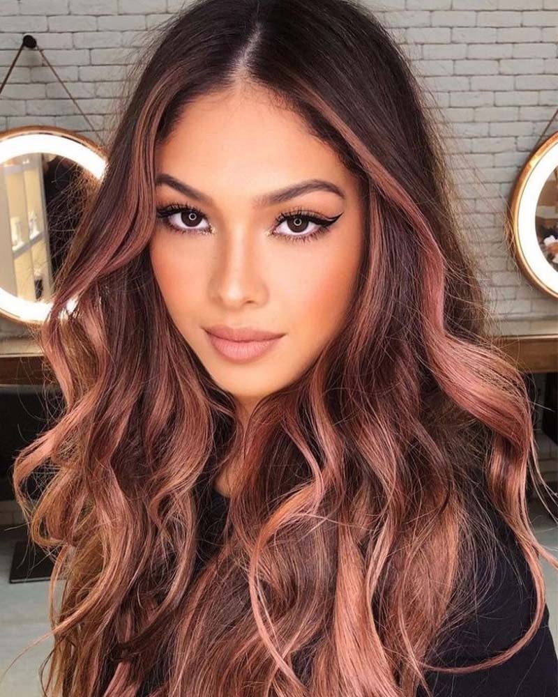 black hair highlights rose gold highlights on dark hair - Luxe Digital