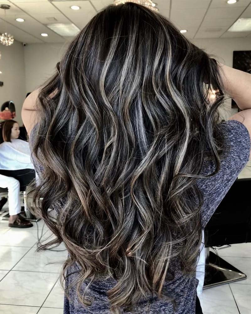 black hair with all over platinum highlights - Luxe Digital