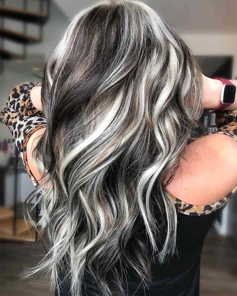 black hair with all over platinum highlights - Luxe Digital