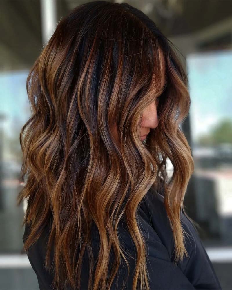 black hair with caramel highlights - Luxe Digital