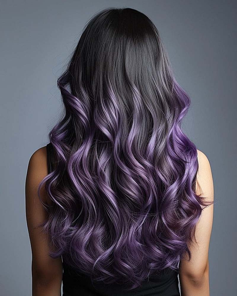 black hair with deep purple highlights - Luxe Digital