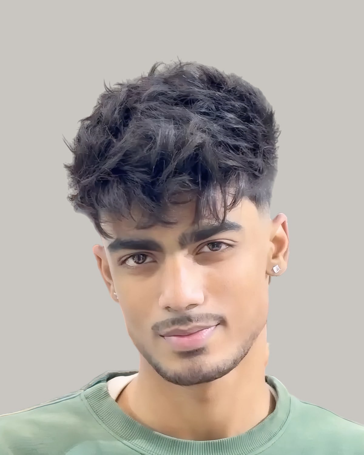 Man with a messy dark fringe and a burst fade, seen from the front
