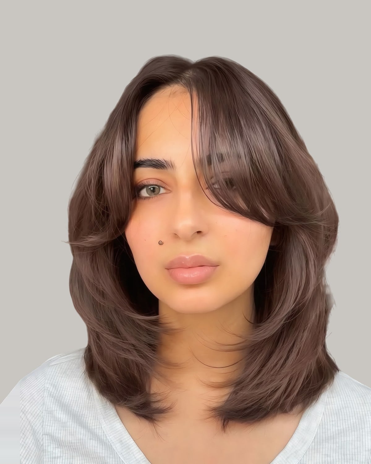 Woman in a white top with collarbone-length brown hair and long bangs swept to one side