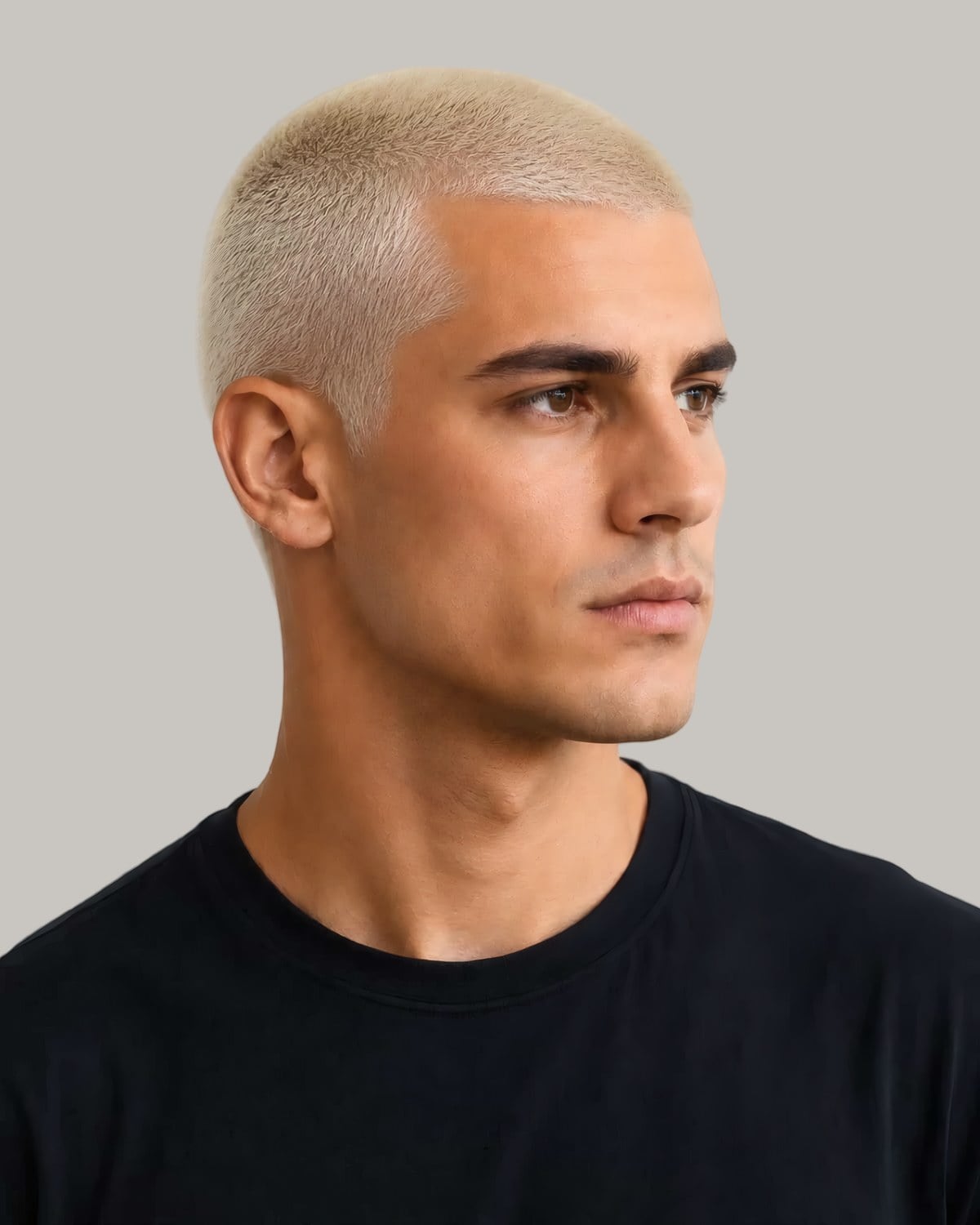 Man with a platinum bleached buzz cut, facing the camera