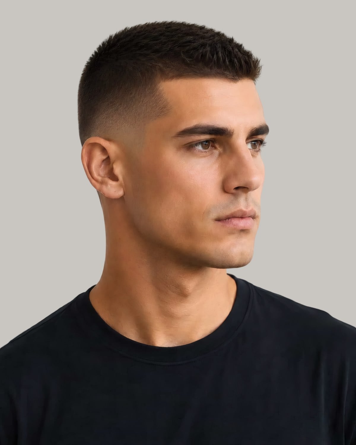 Young man with a long buzz cut in dark hair, facing the camera