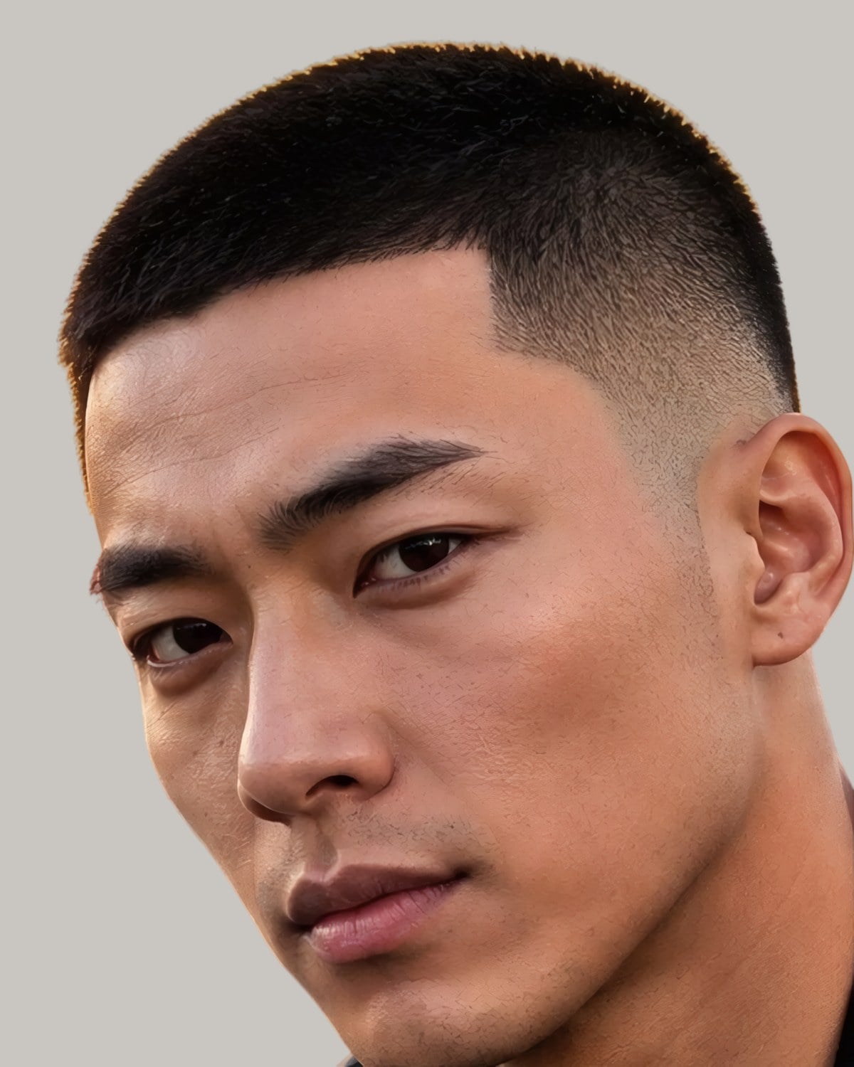 Asian man with a number 3 buzz cut, facing the camera