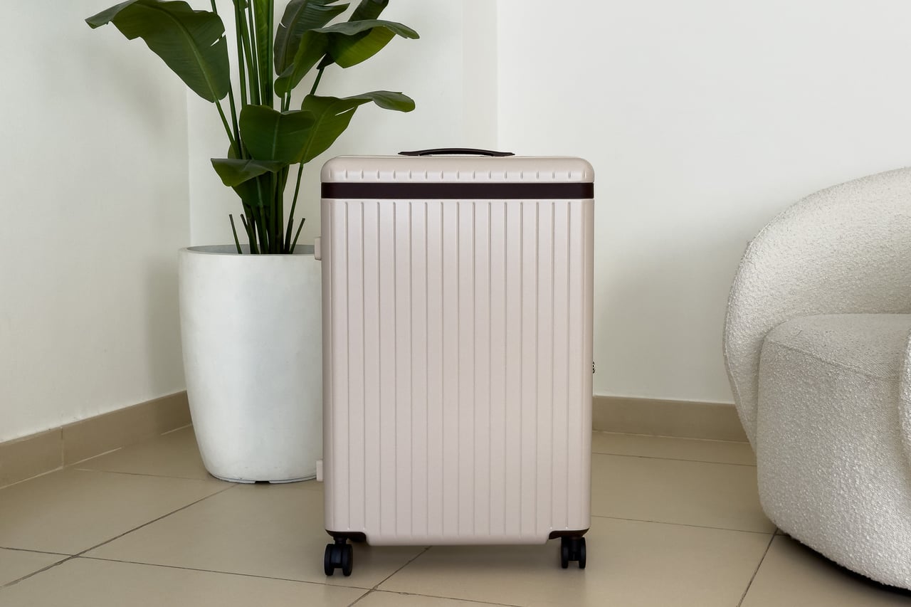Carl Friedrik Core Check-In Large suitcase in Sand/Chocolate standing beside a potted plant - Luxe Digital