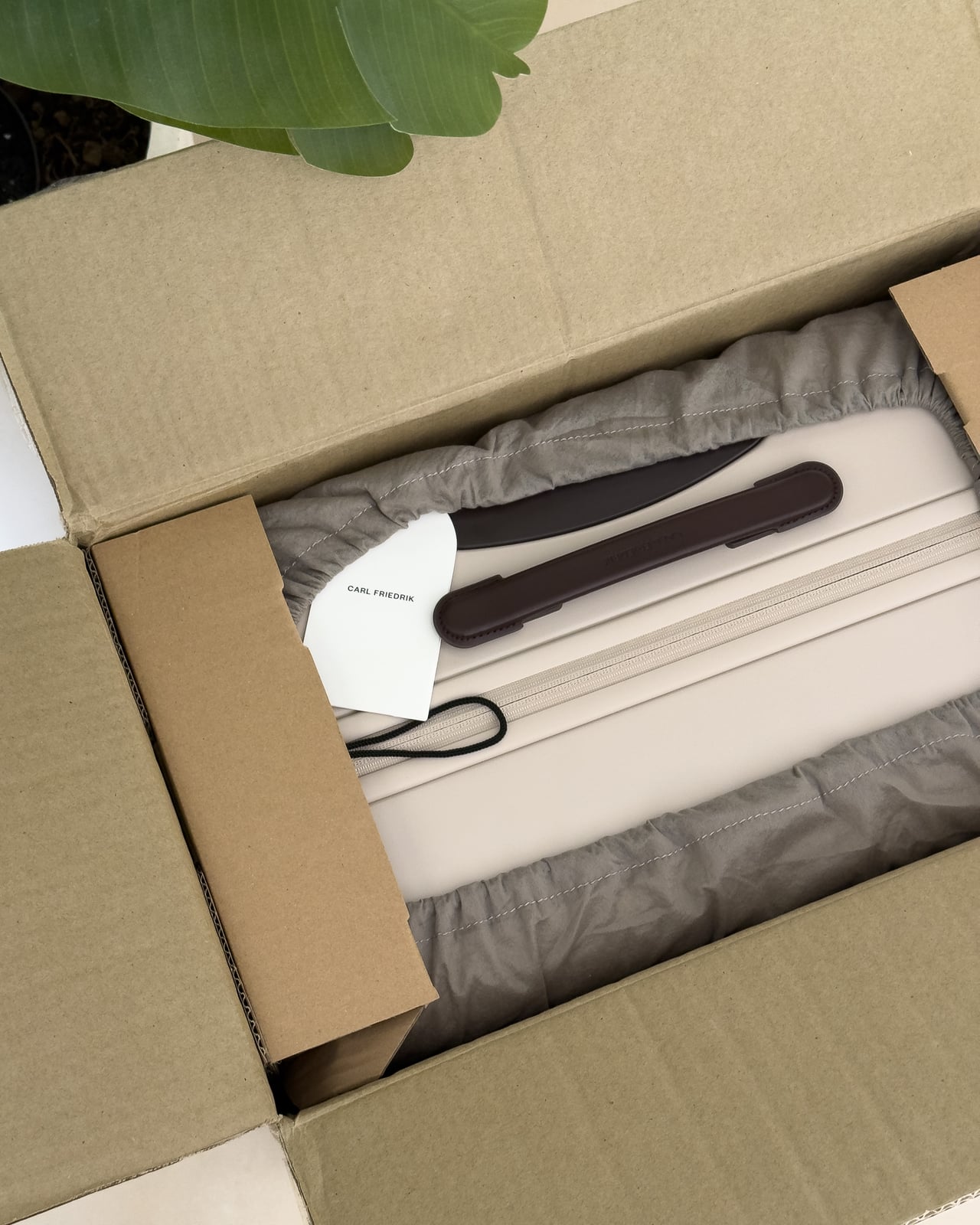 Carl Friedrik Core Check-In Large in its dust bag inside the open delivery box - Luxe Digital