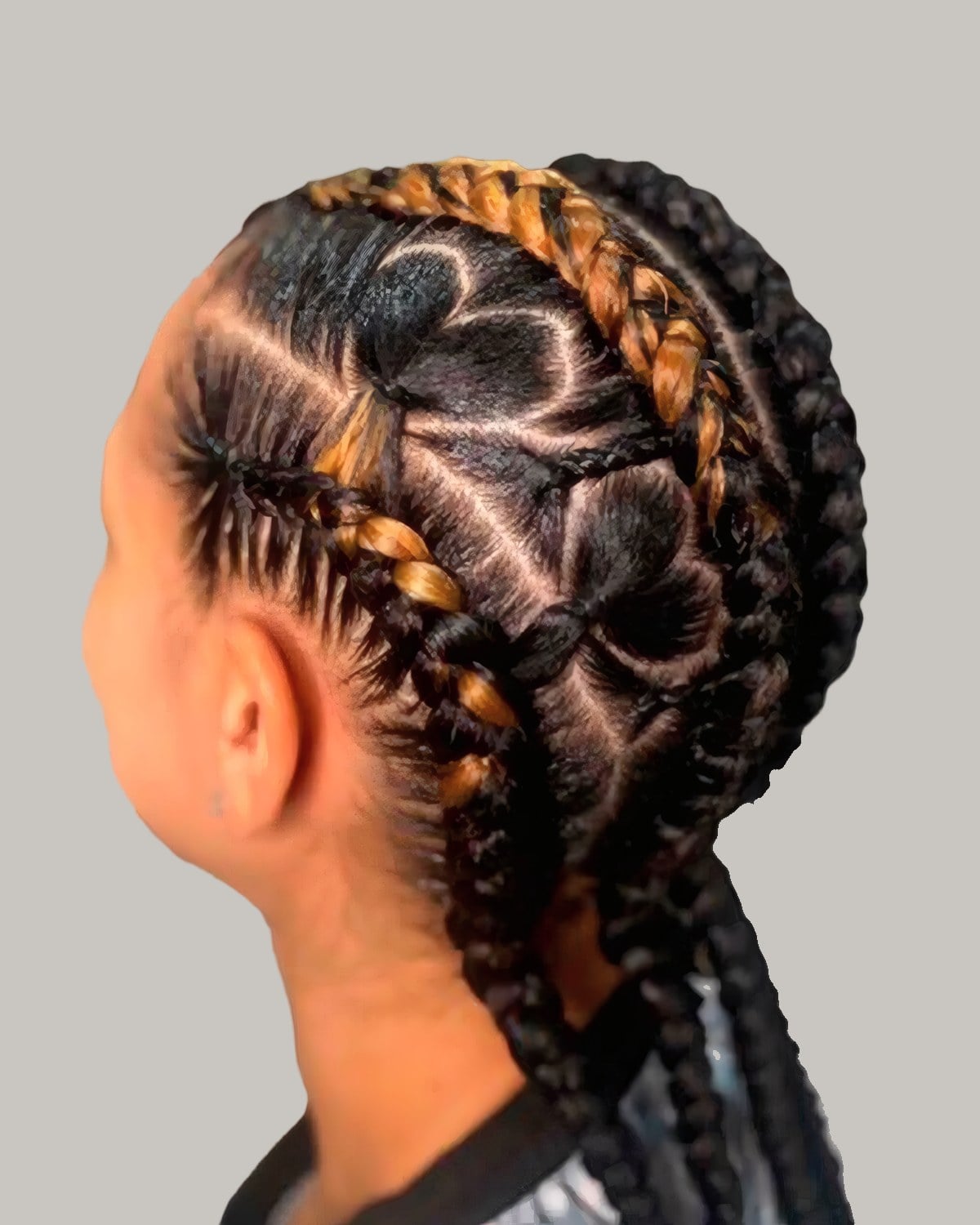 Back view of Fulani braids with heart-shaped parts and honey-blonde braids