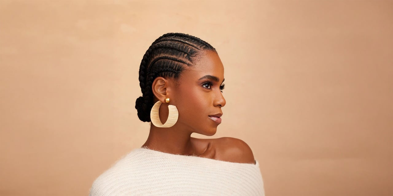 Woman in profile with braided cornrows swept back into a low bun, large woven hoop earrings and an off-shoulder cream sweater