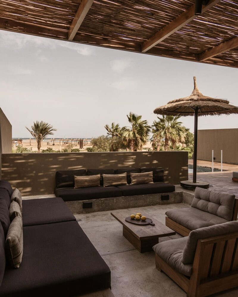 A shaded beachfront terrace lounge at a desert resort, palms and sea beyond