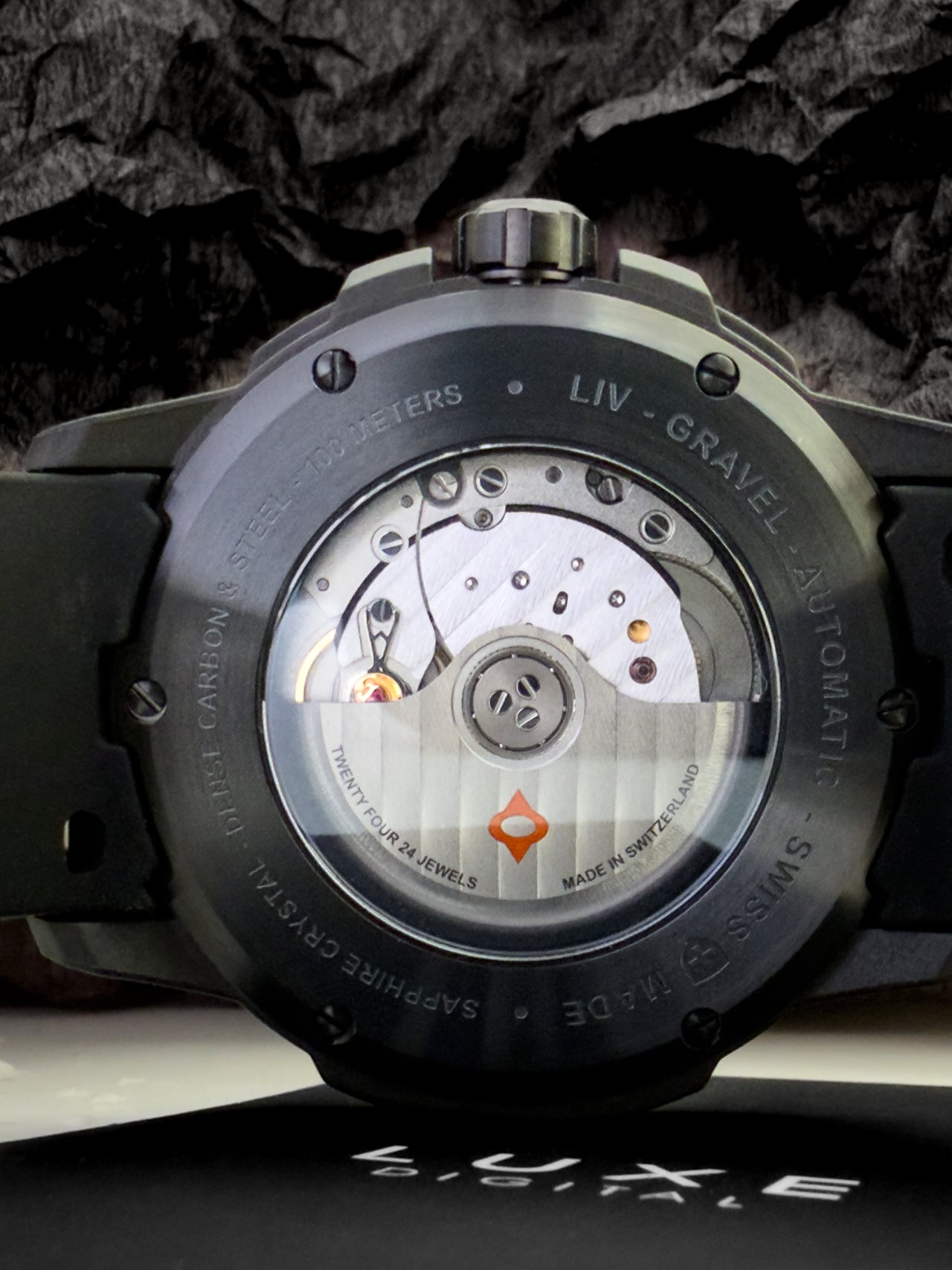 La Joux-Perret G100 Swiss automatic movement seen through the LIV Gravel caseback - Luxe Digital