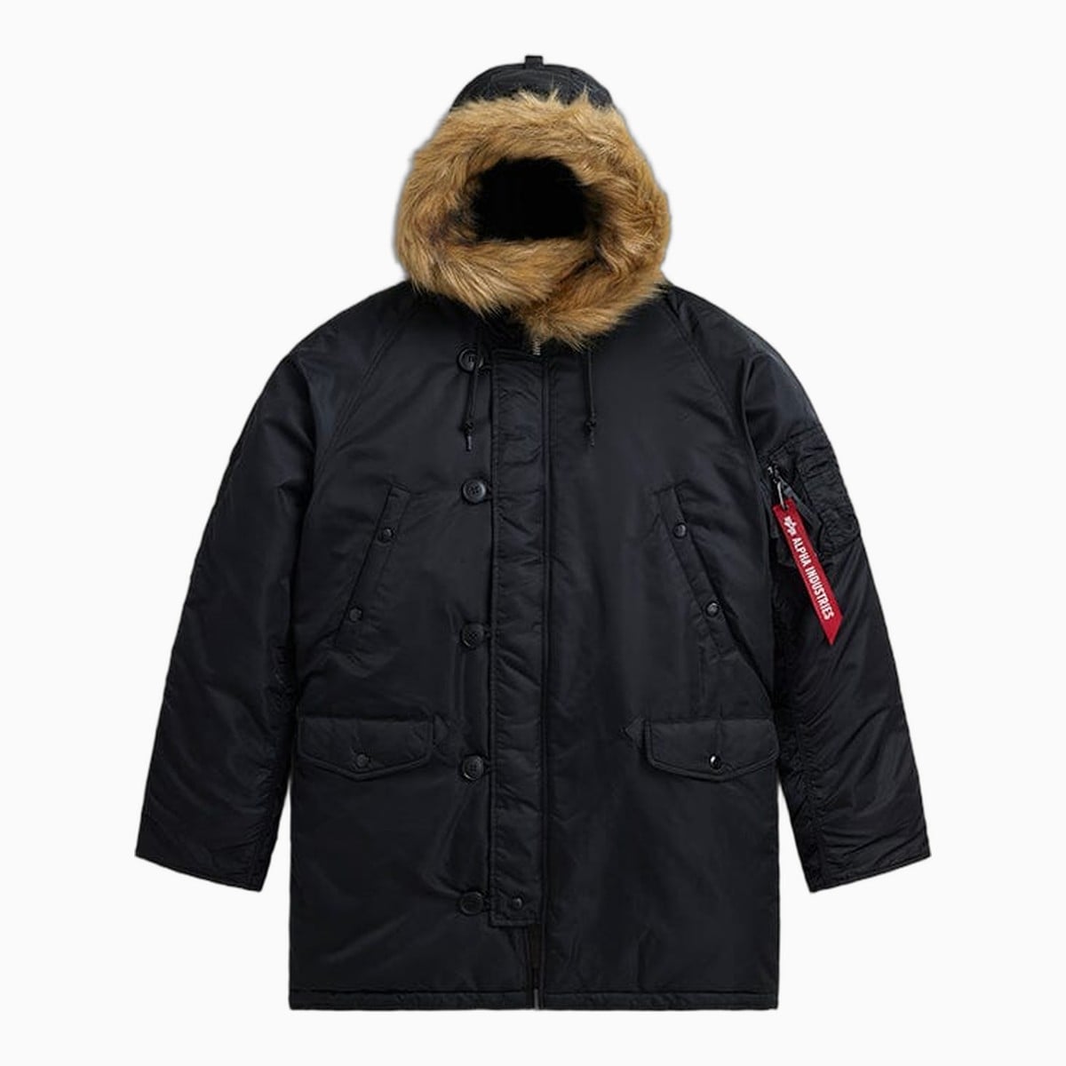 Black N-3B parka with a hood by Alpha Industries