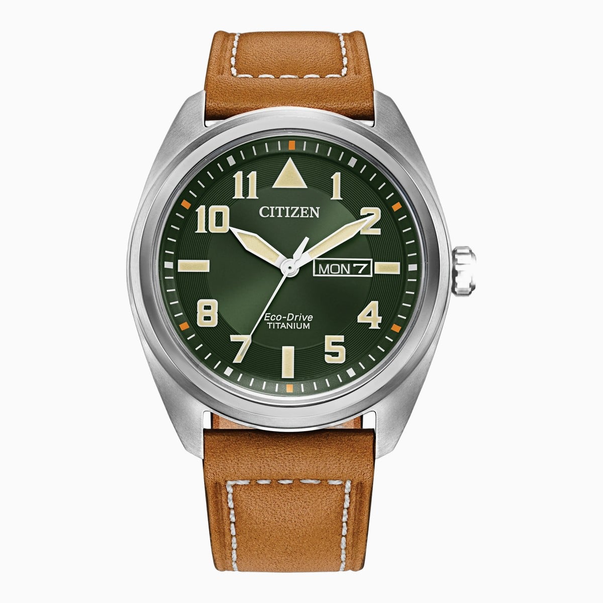 Citizen Garrison Eco-Drive watch with a green dial and tan leather strap