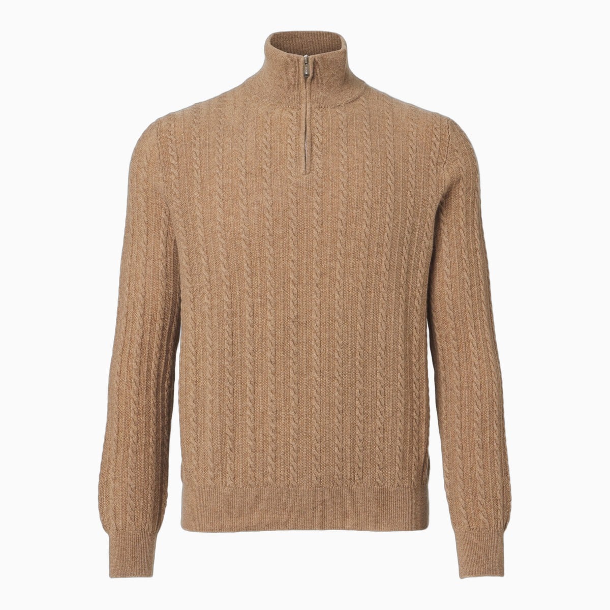 Camel cable-knit cashmere half-zip sweater by Fedeli