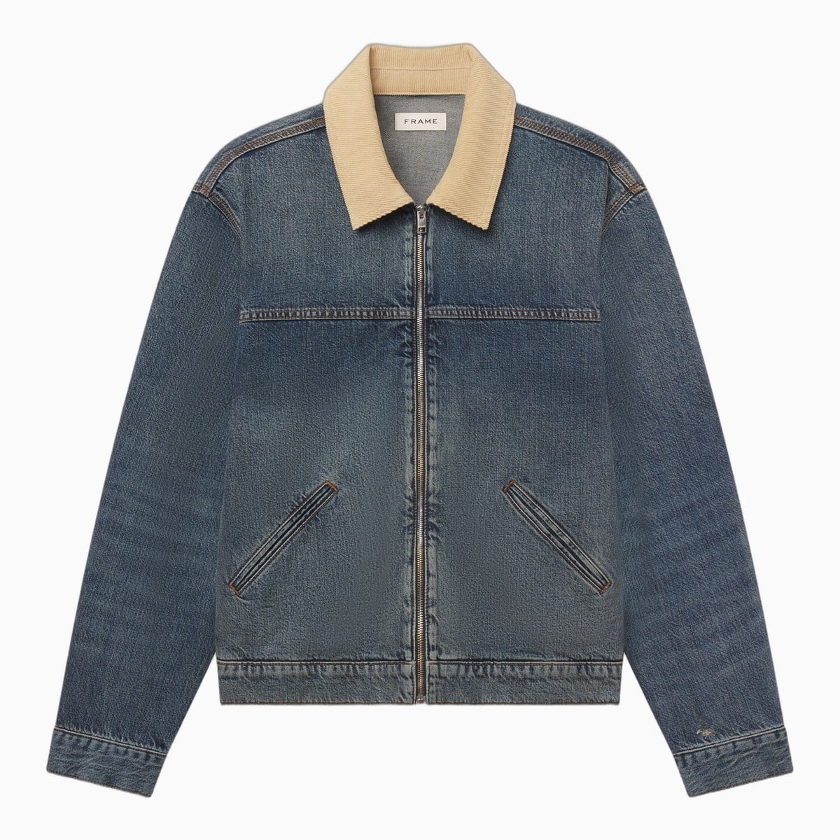Mid-blue denim trucker jacket with a cord collar by Frame