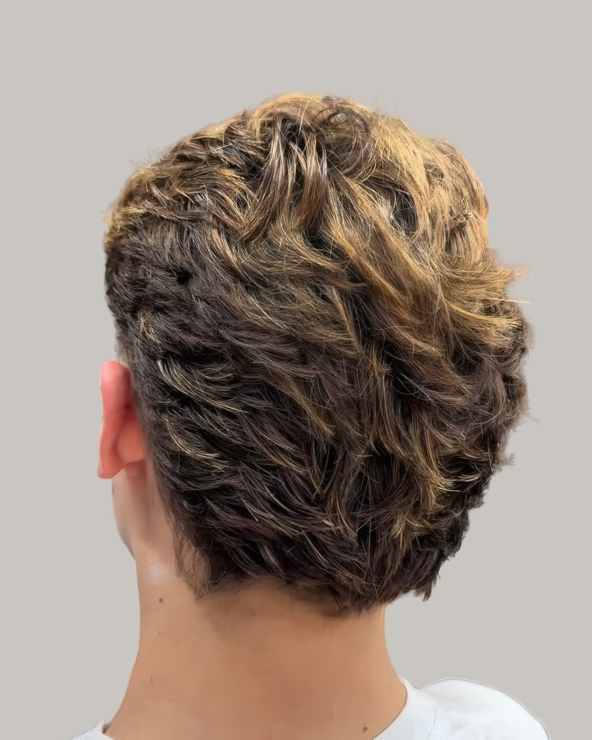 Man with wavy highlighted hair, seen from behind