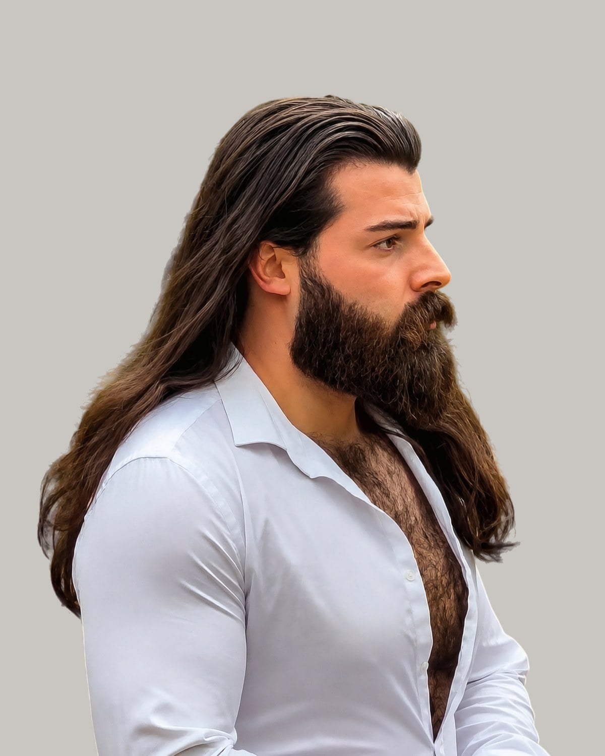Bearded man in an open white shirt with long, dark hair swept back behind his shoulders