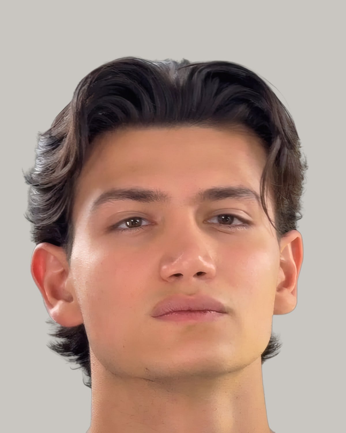 Young man with dark wavy hair parted in the middle, the front falling to his temples