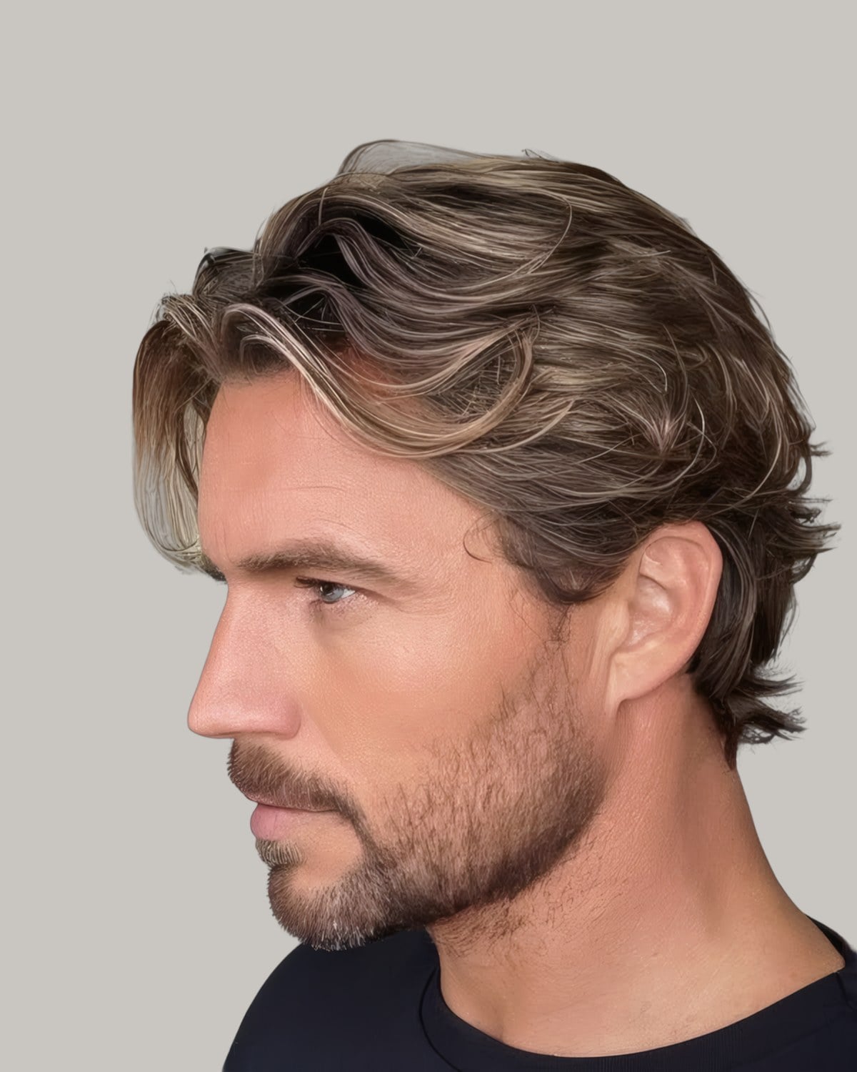Bearded man with wavy, highlighted hair pushed back and flicking out at the neck, seen in profile