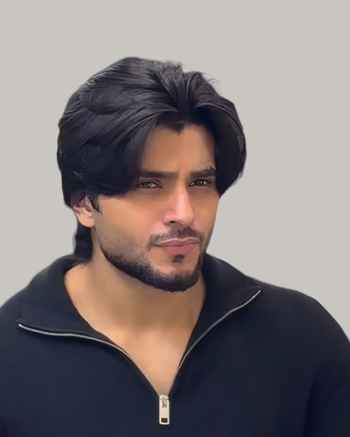 Bearded man with dark hair pushed back from a side part, in a black zip-neck jumper