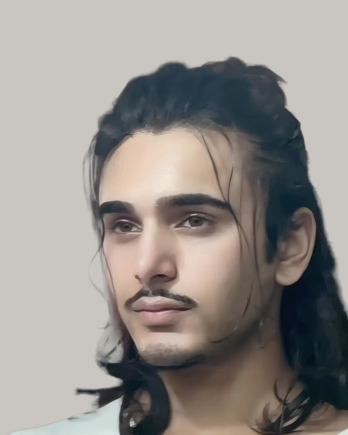 Young man with a moustache and long dark hair falling past his shoulders