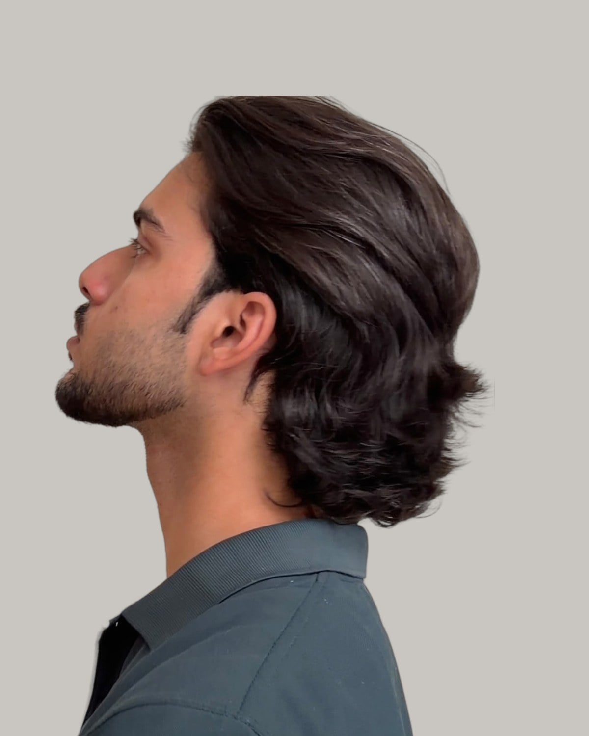 Man with thick dark hair pushed back to the jaw, seen in profile