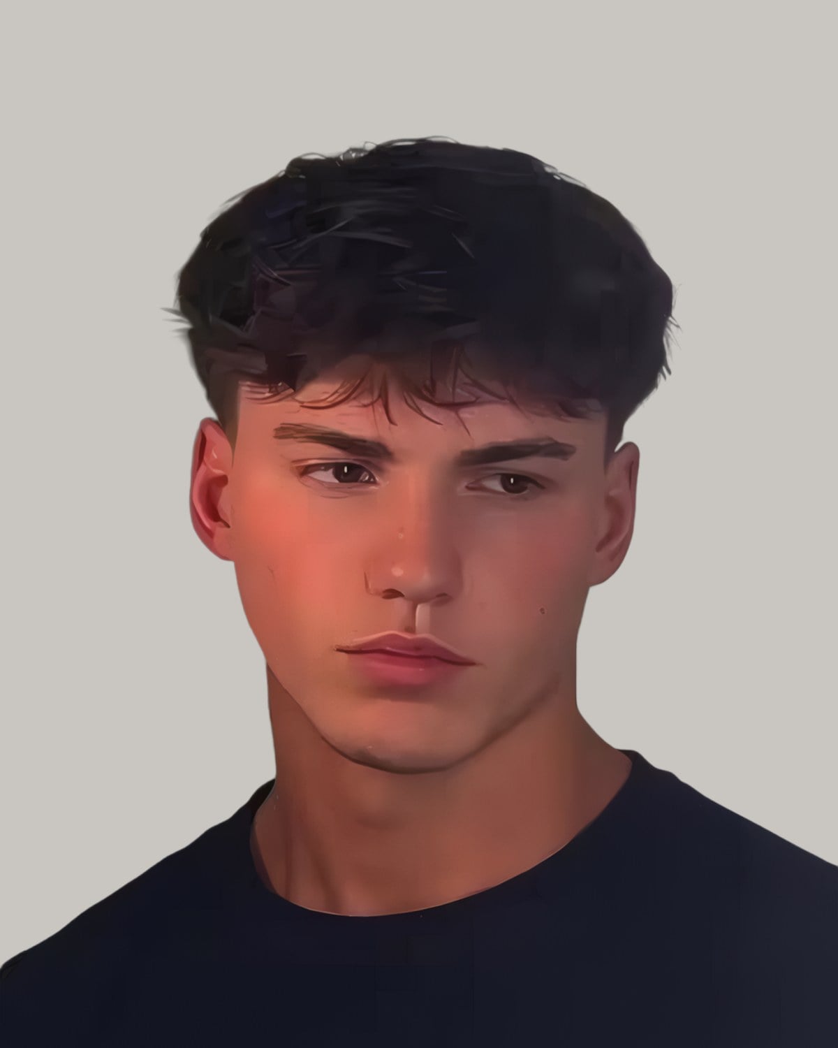 Young man with a dark, messy fringe falling to his eyebrows, in a black T-shirt