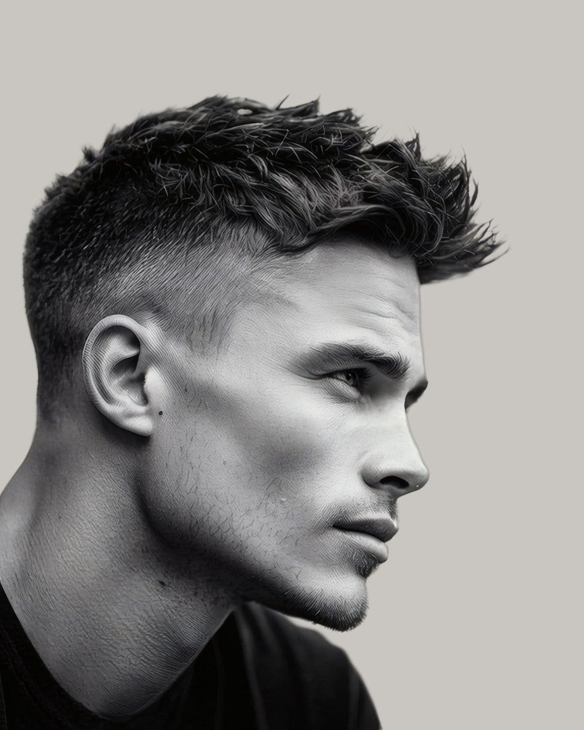 Man with a messy textured top over very short faded sides, seen in profile, in black and white