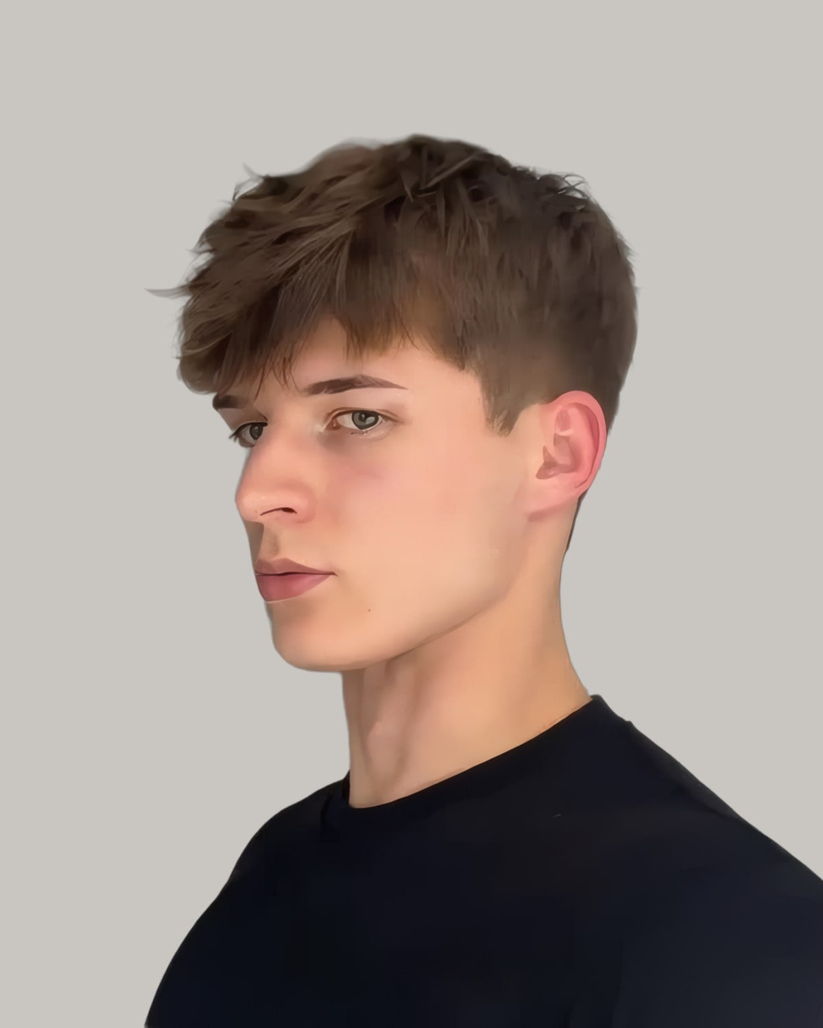 Young man with brown hair falling forward in a textured fringe, in a black T-shirt