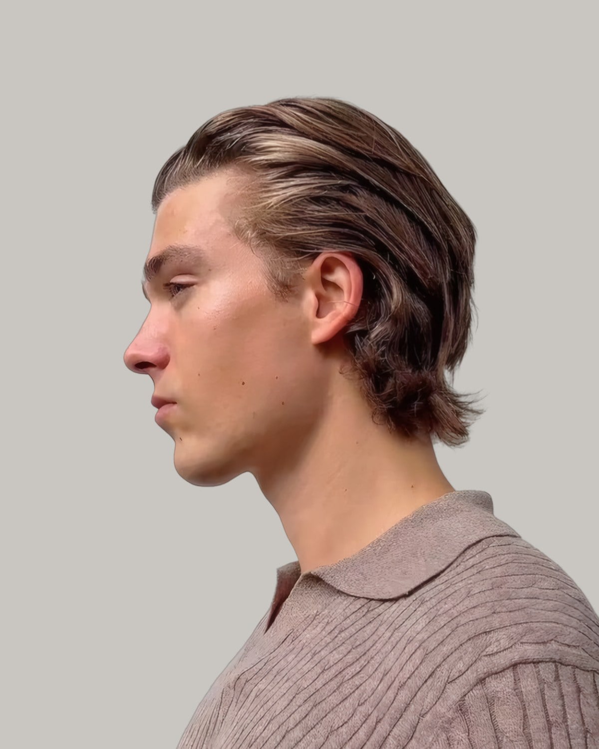 Man with straight light brown hair slicked back to the neck, seen in profile