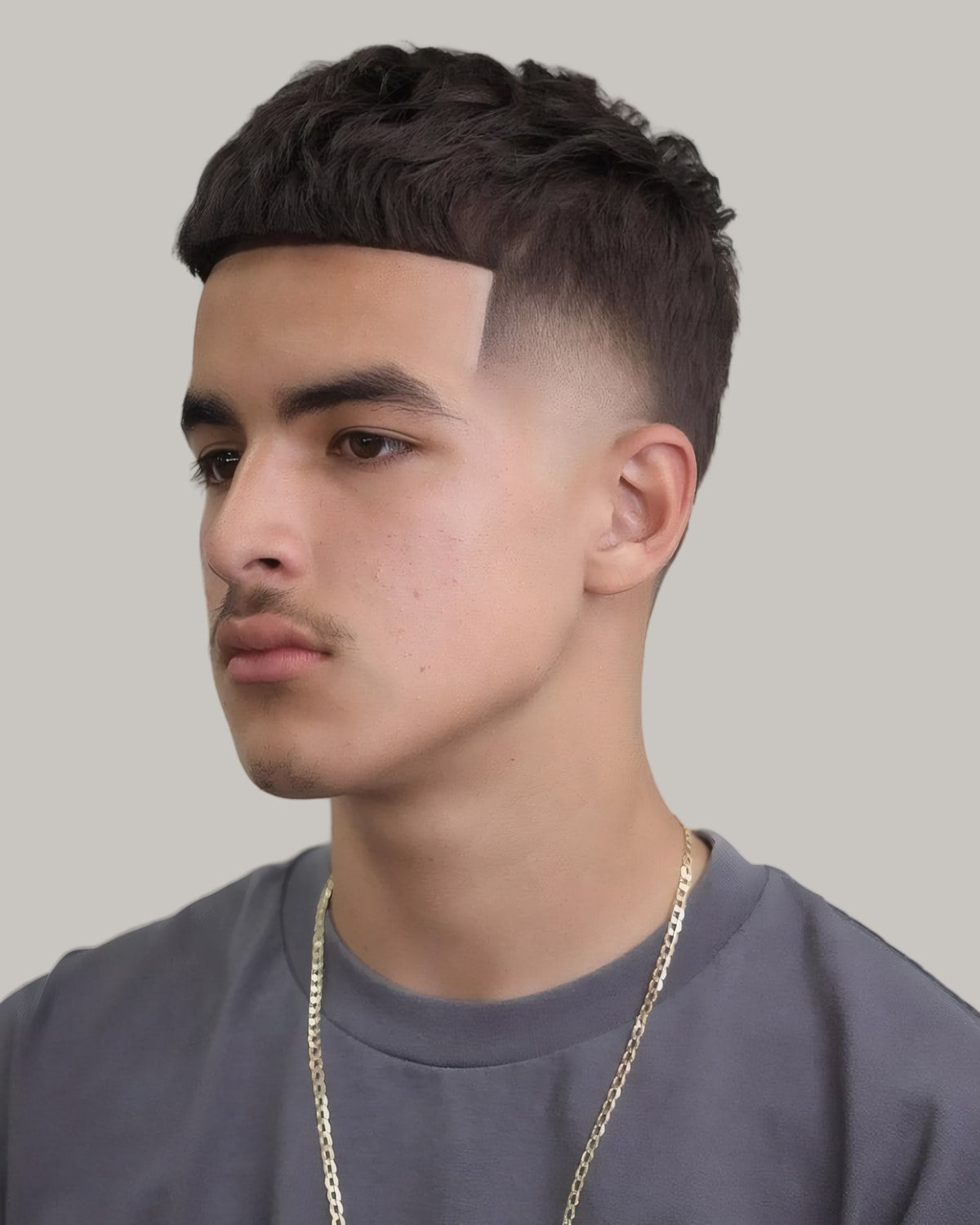 Young man with an Edgar haircut, looking to the side
