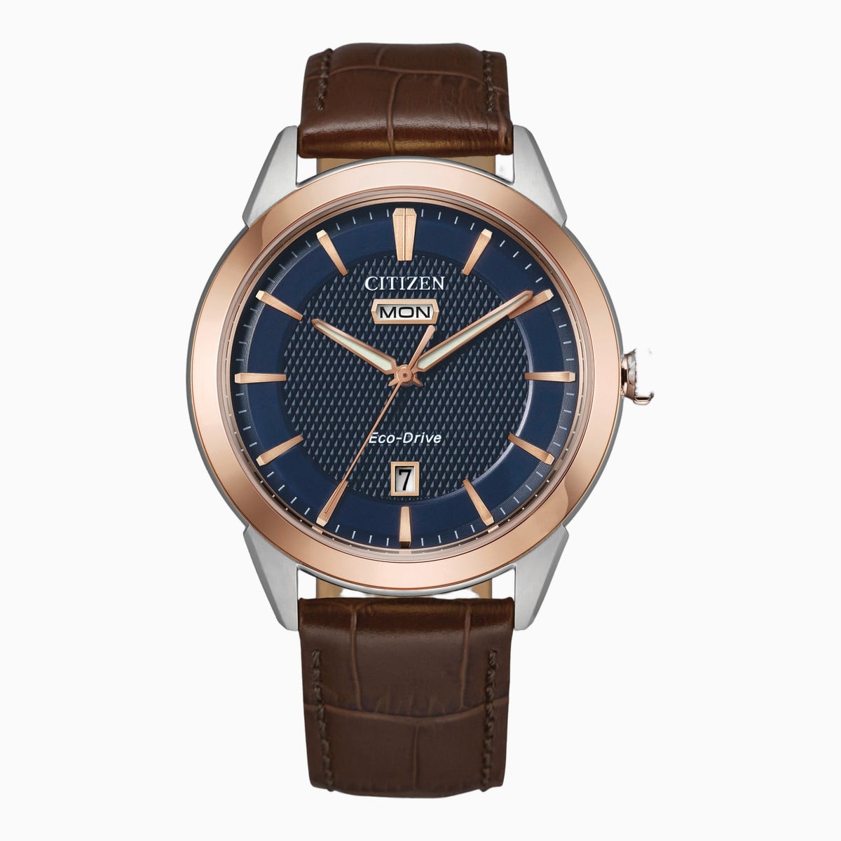 Citizen Rolan Eco-Drive watch with a navy dial and brown leather strap