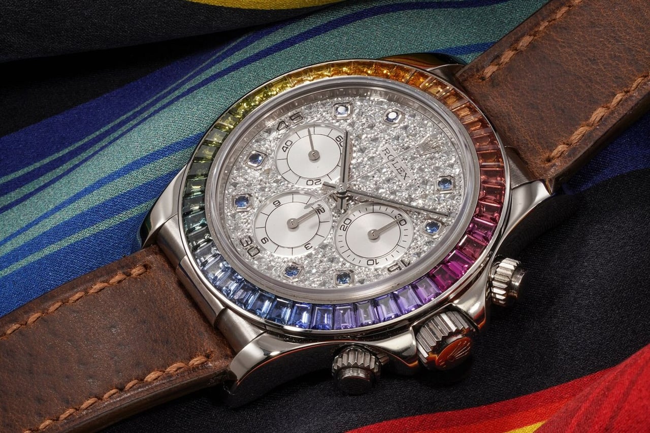 Rolex Daytona "Rainbow" reference 16599 prototype in white gold with sapphire bezel - Luxe Digital
