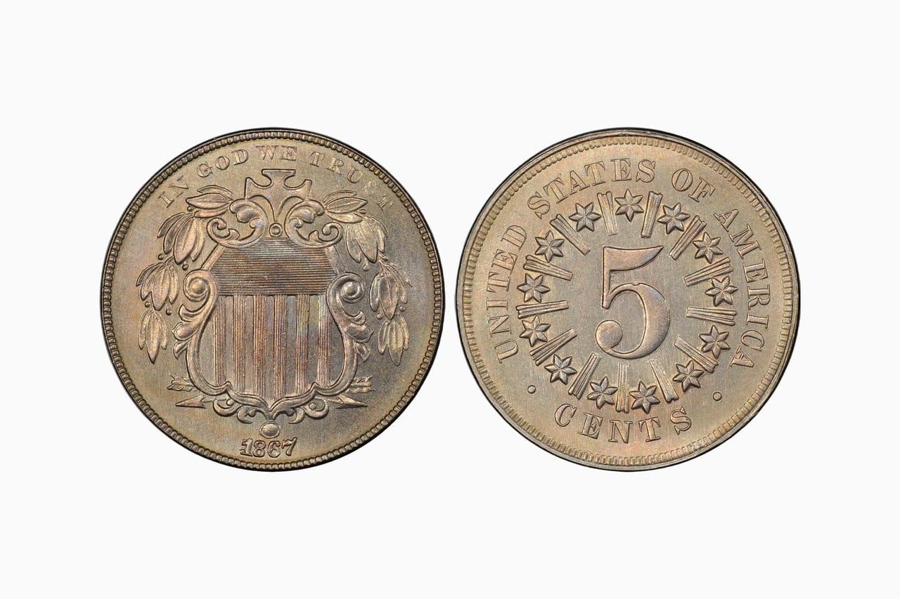 most valuable nickels 1867 shield nickel with rays - Luxe Digital
