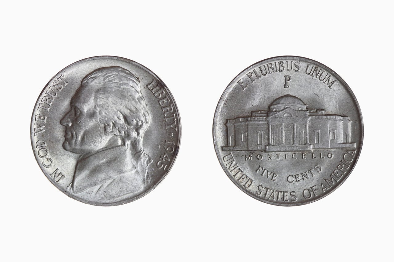 A Jefferson silver war nickel, the wartime type that produced the 1943/2-P overdate - Luxe Digital